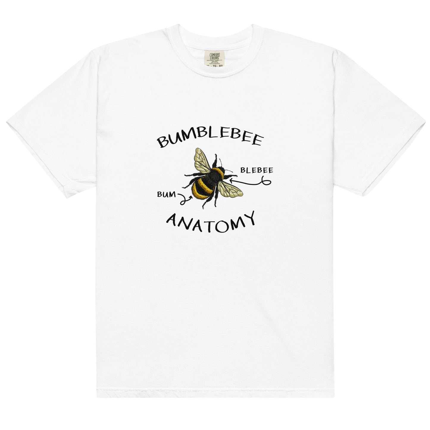 soft white cotton t-shirt with bumblebee graphics with Bumblebee Anatomy text, unisex graphic tee, online tshirt store